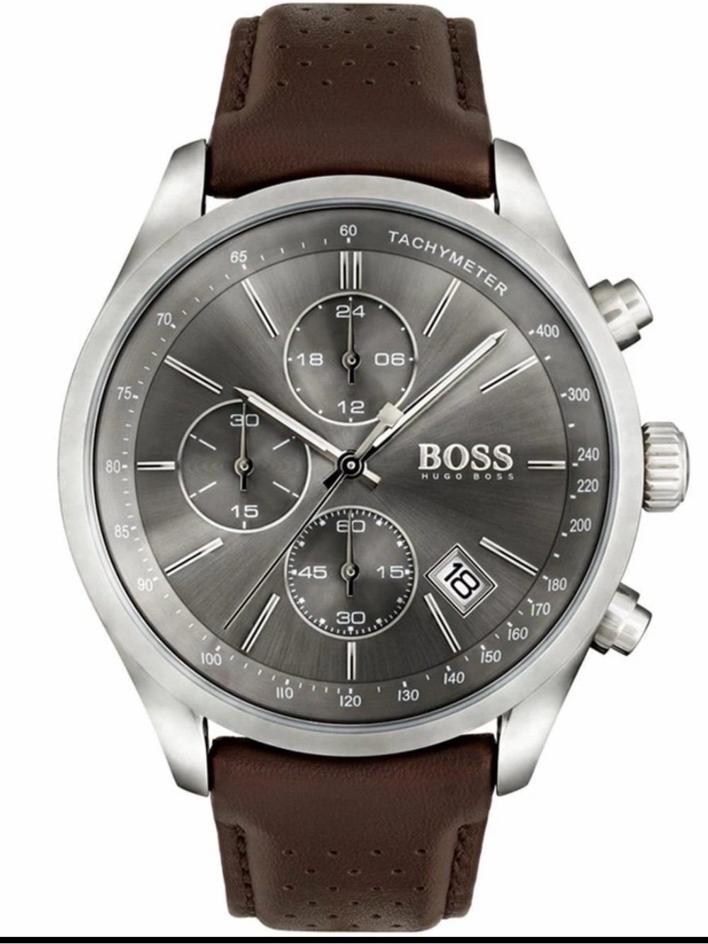 Hugo Boss Grand Prix Brown Leather Strap Men’s Chronograph Watch with Gray Dial